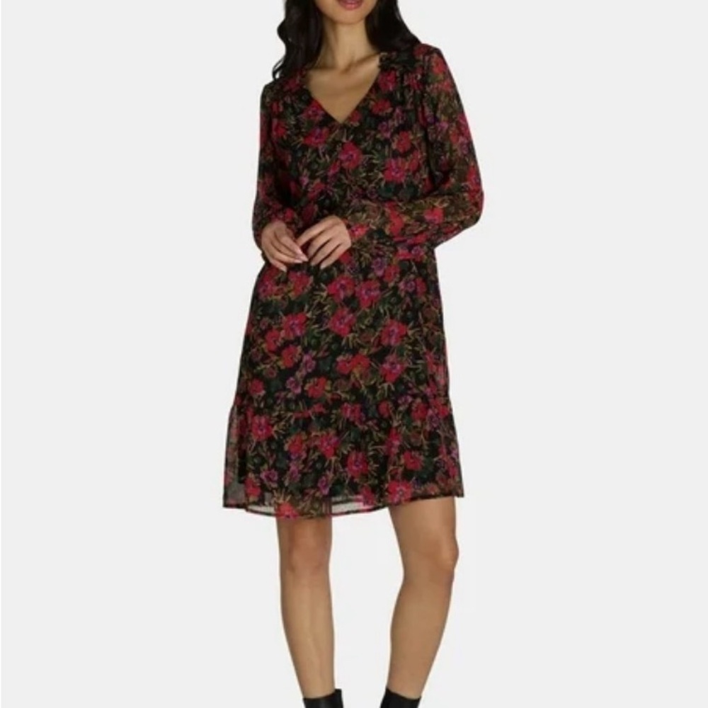 Time and Tru Black and Pink Floral Long Sleeve Dress